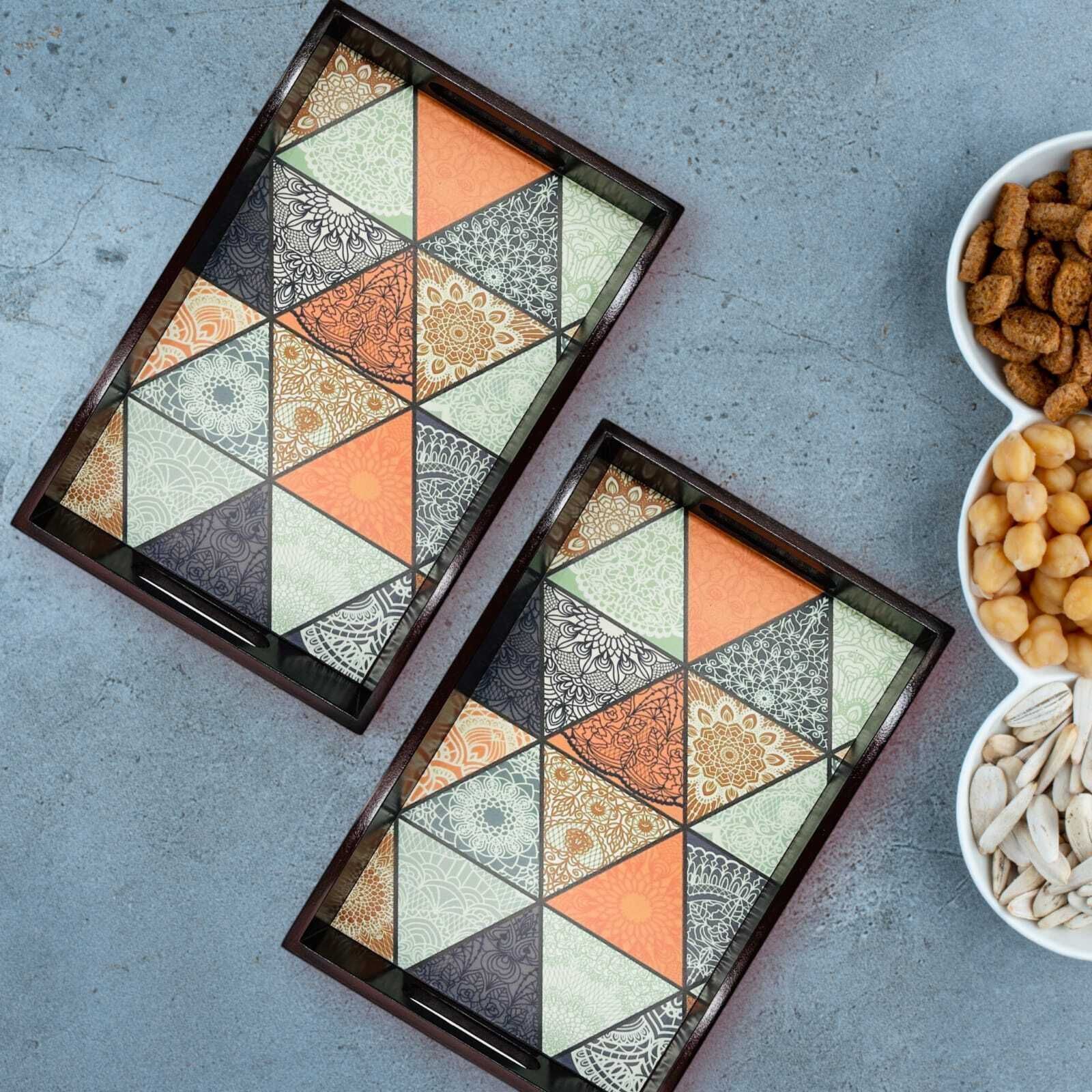 Wooden tray set of 2 Rajasthani print|Serving Tray|Multipurpose Tray|AHS-TRAY4 Tray-image-43