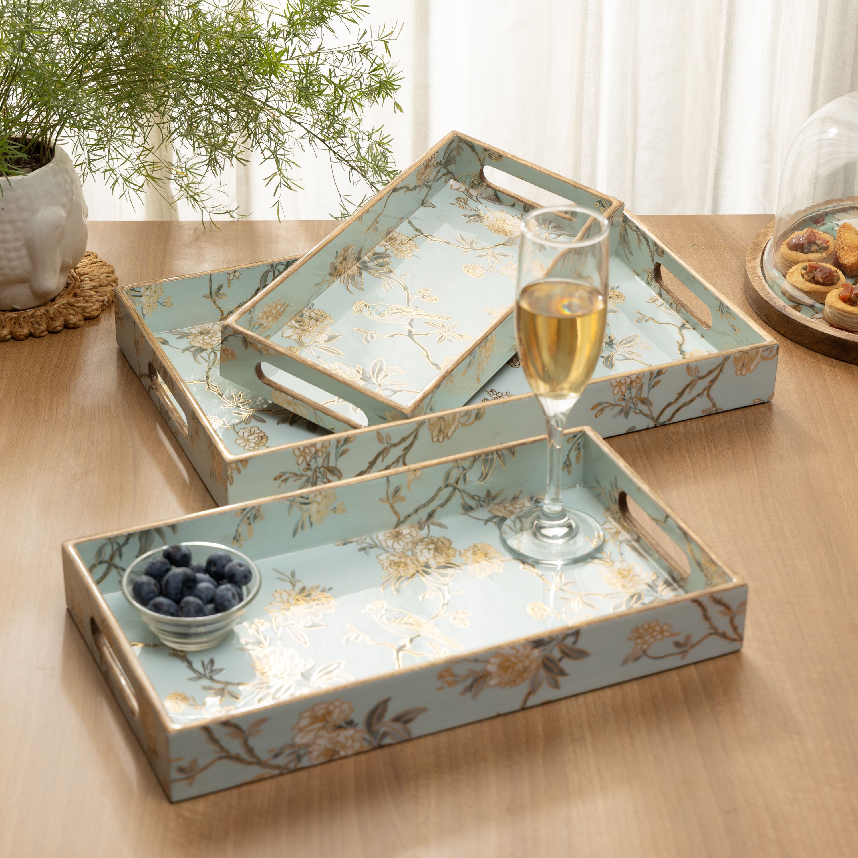 Set of 3 Luxury Mint Blue Birds Wooden Serving Trays (16x10, 14x8, 12x6 Inch) Tray-image-22