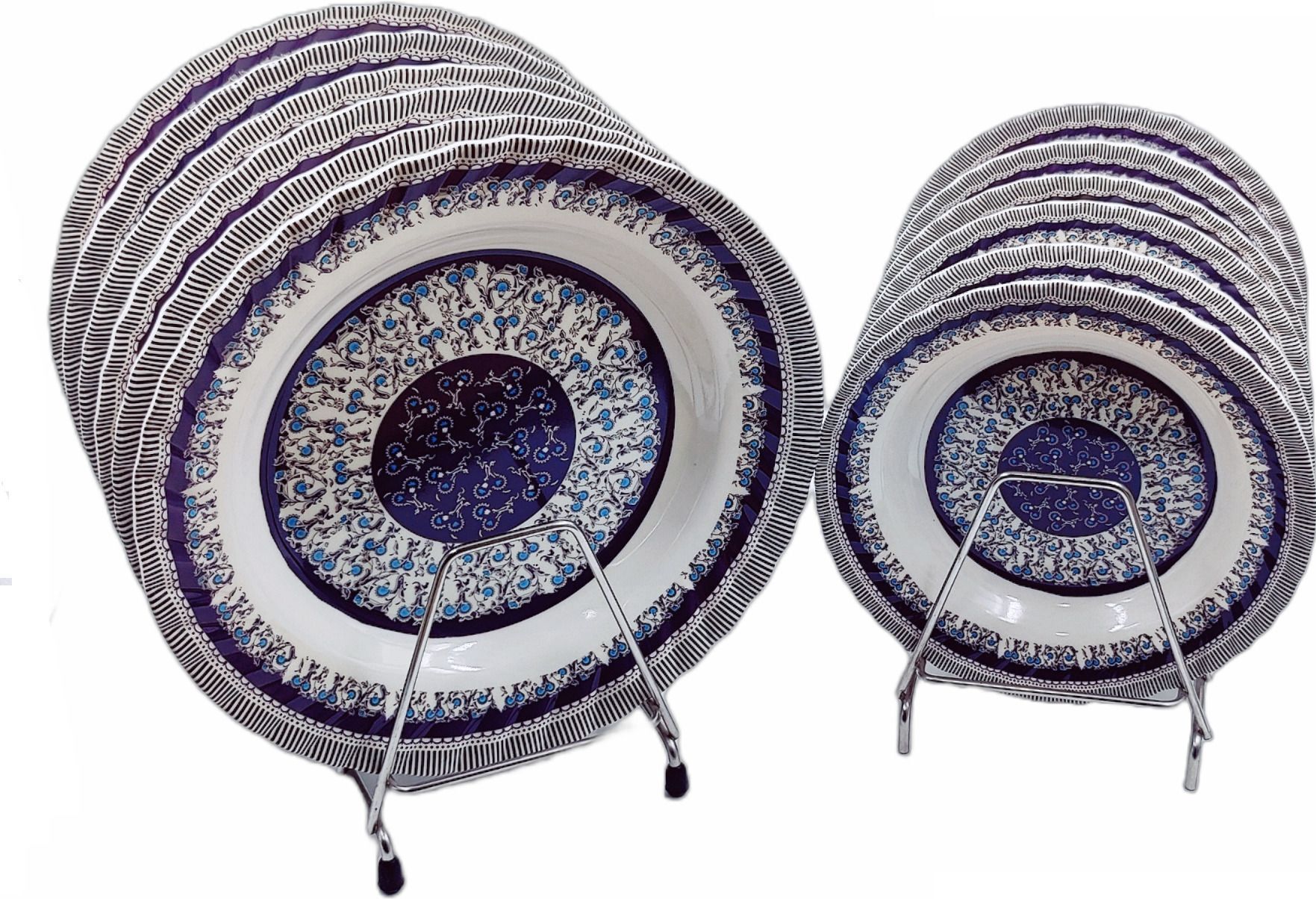 WC_Melamine Deep Plates Round Dinner & Snacks Plate (6 Full+6 Half) Blue Print Dinner Plate