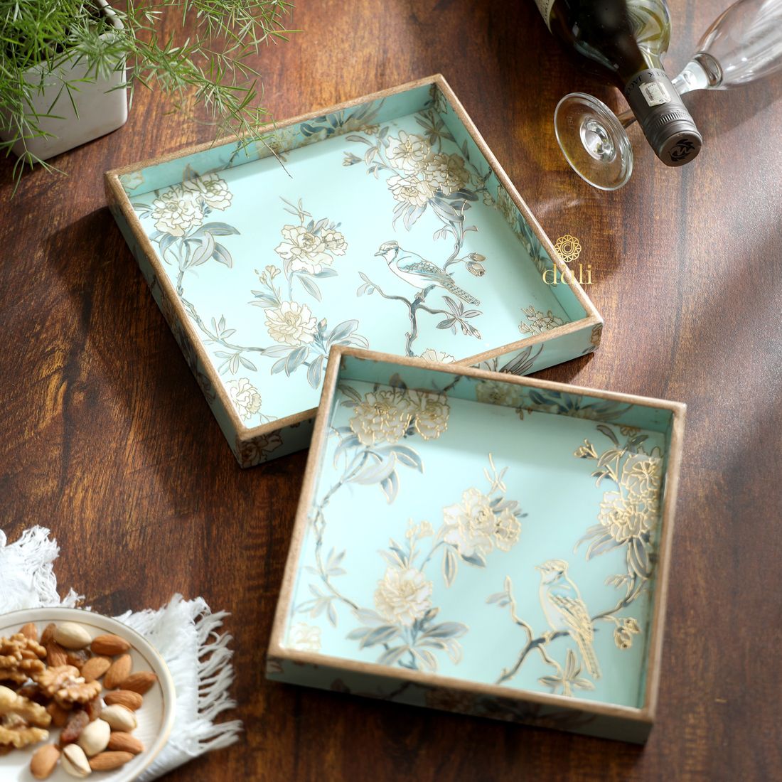 Set of 2 Square Blue Bird Print Serving Tray for Festive Tray (9x9 & 8x8inches) Tray-image-22
