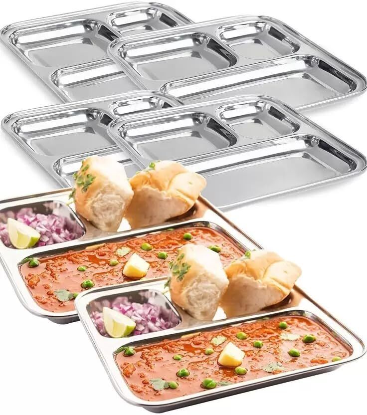 gatistavam 3 In1 Stainless Steel Plates with Compartments, Tiffin Plates (6" to 8") Rice Plates-picture-20