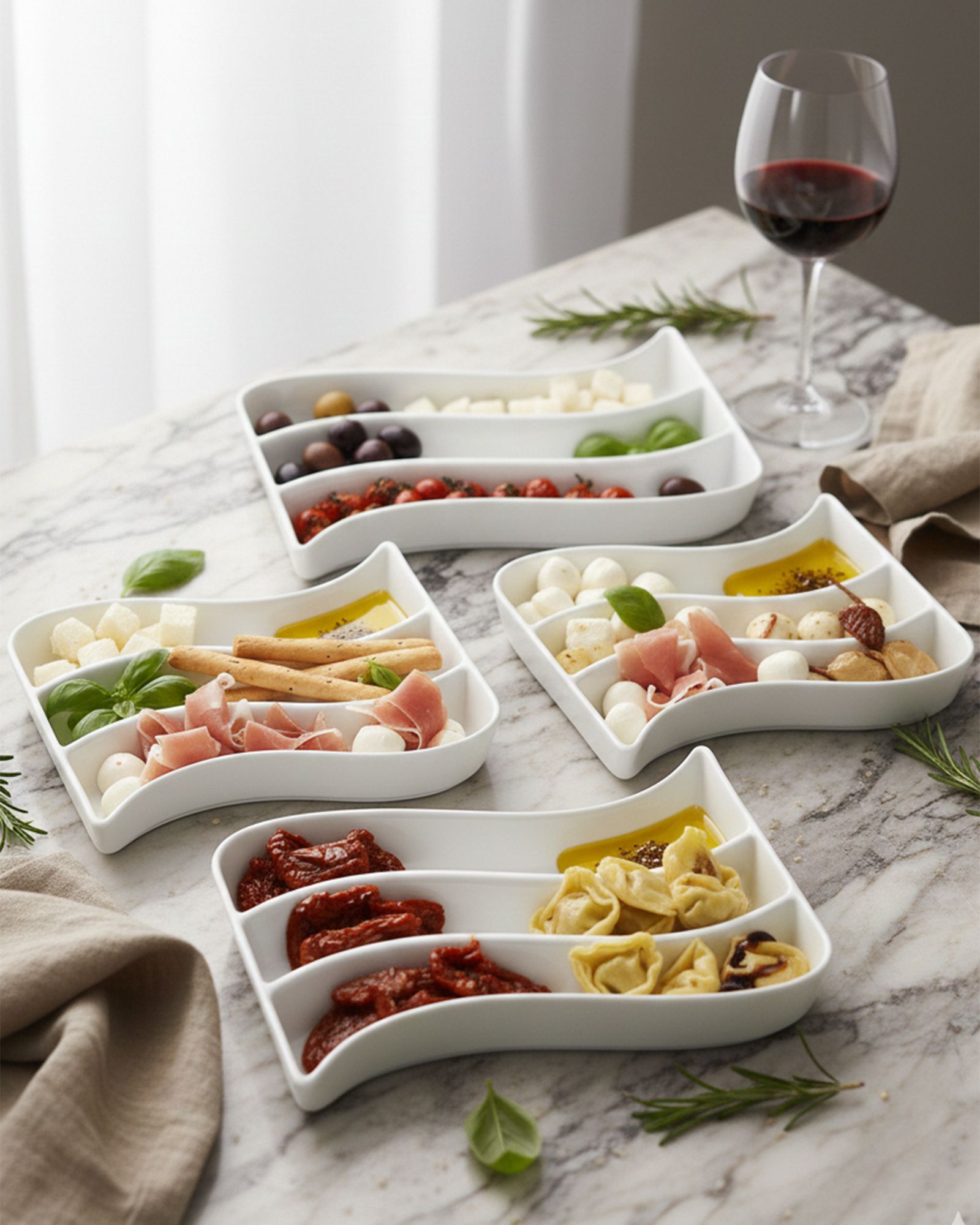 White Porcelain Wavy Rectangle Tray Set of 4, Partitioned Oven Safe Platters Tray-image-45