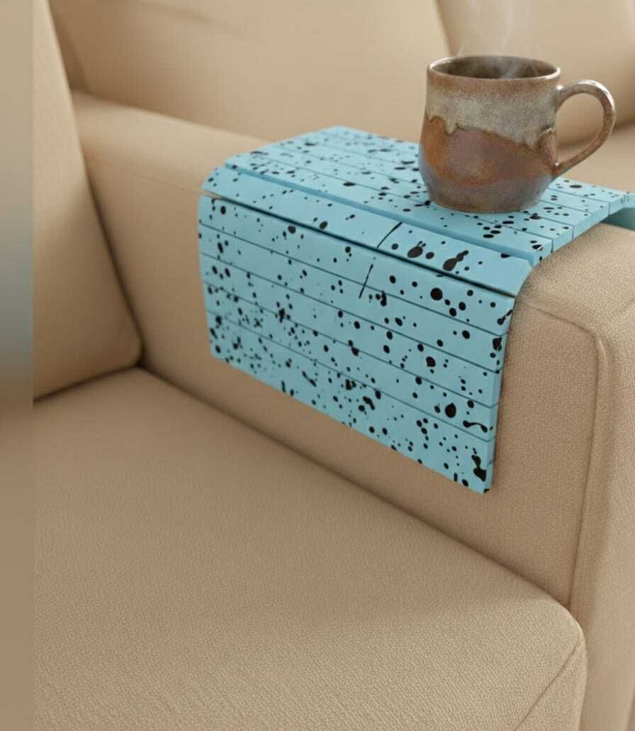 Wooden Sofa Armrest tray Foldable Couch Side Table, Blue with Black Dots Tray-image-1