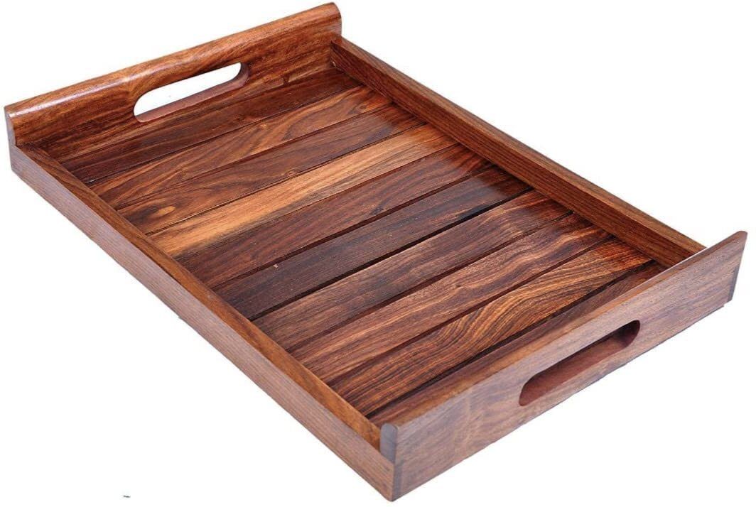 Wooden Serving Tray For Tea & Coffee | Multipurpose Tray With Handles | Brown Tray Serving Set-image-46