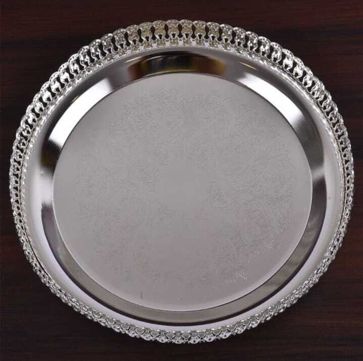 German Silver Decorative Puja Thali/Plate with Embossed Design & Fancy Border Tray-image-23