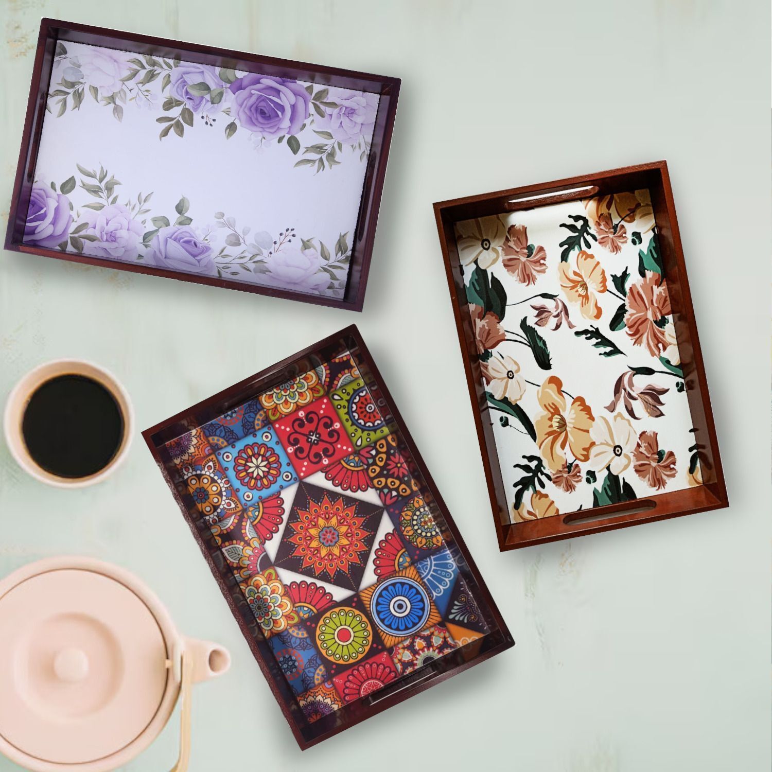 angiira handicrafts Wooden Tray set of 3 for serving Tea/coffee/snacks AHS-TRAY133_1310_1407 Tray-picture-28