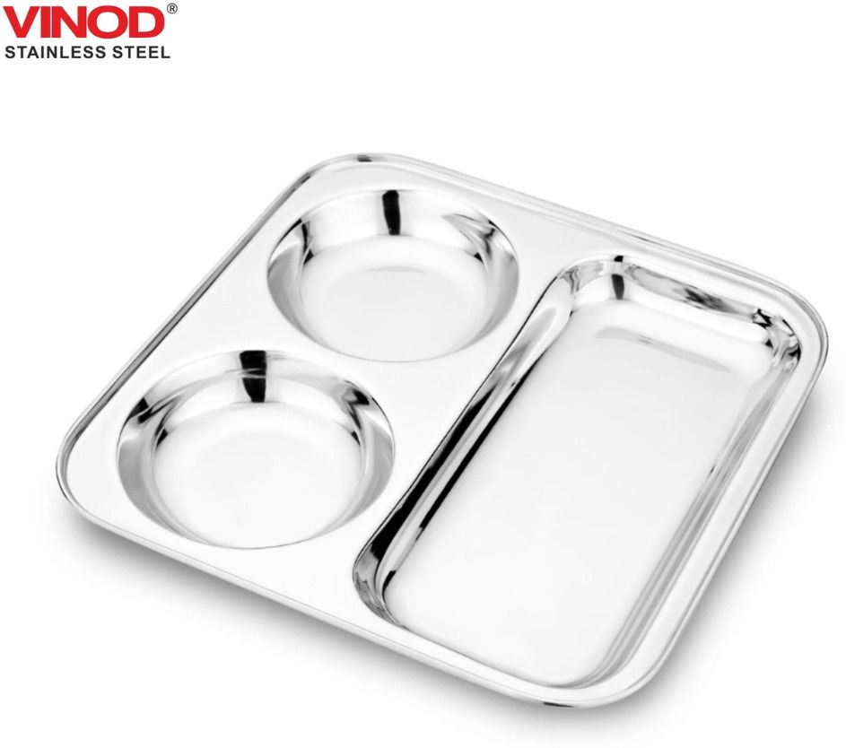Steel 3 in 1 Compartment Plate Partition Plate 24.5 Cm Thali with Two Round Bowl Dinner Plate-image-46