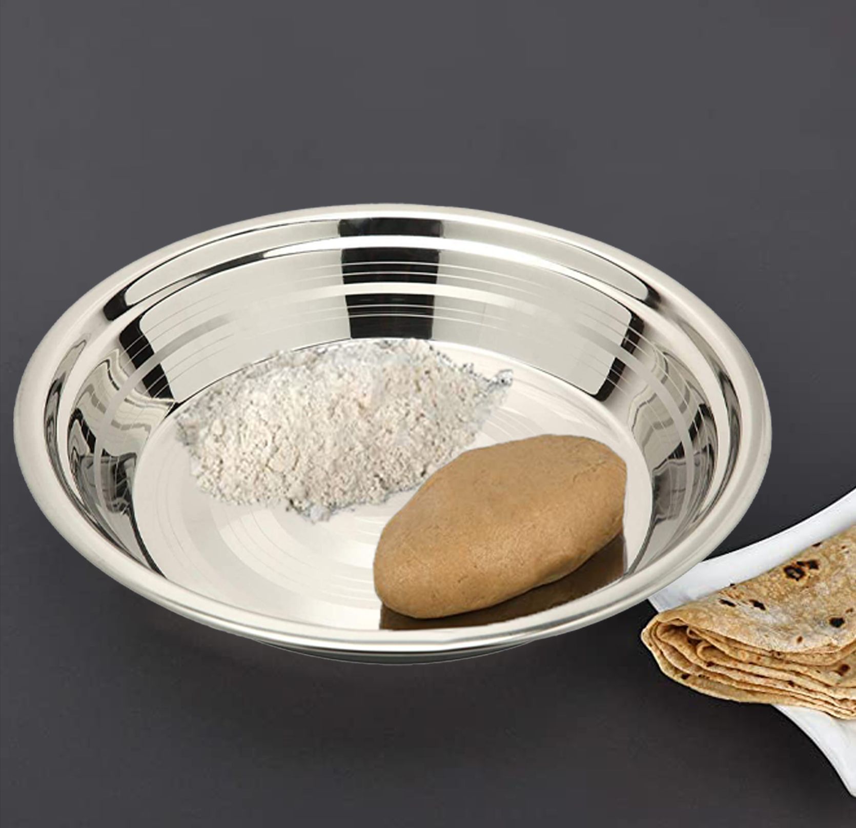 Stainless Steel Aata Parat, Atta Dough Flour Kneading Mixing Medium 15inches Paraat-image-10