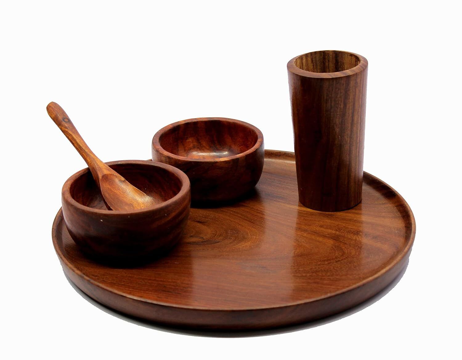 Wooden Dinner Set Decorative Plate Dinner Thali Set with 2 Bowls & 1 Glass Dinner Plate-image-21