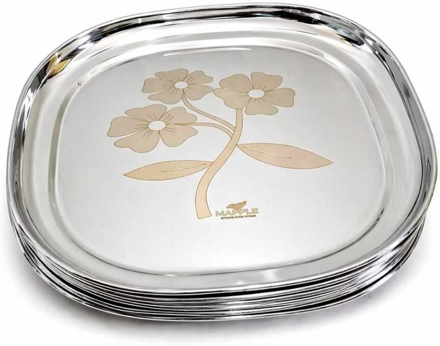 FULL SIZE 13 INCH STAINLESS STEEL FLORAL FINISH DINNER PLATE Dinner Plate-image-0