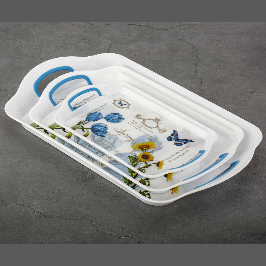 sorath Plastic Printed Rectangular Serving Tray with Handle for Serving Tea & etc. Tray image 1