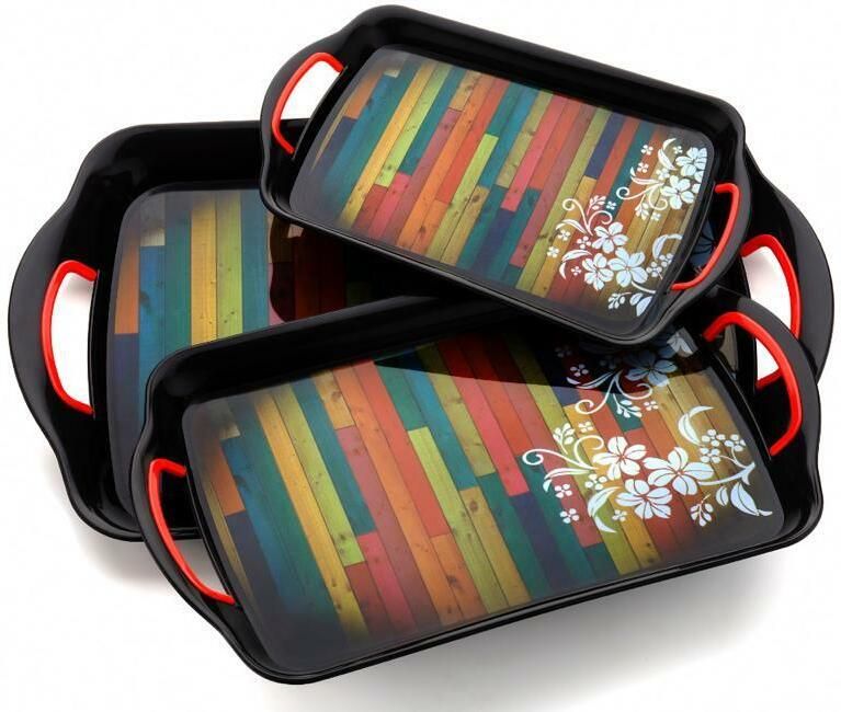 ( Set of 3 Trays) lineing & flowers design Tray Serving Set (Pack of 3) Tray