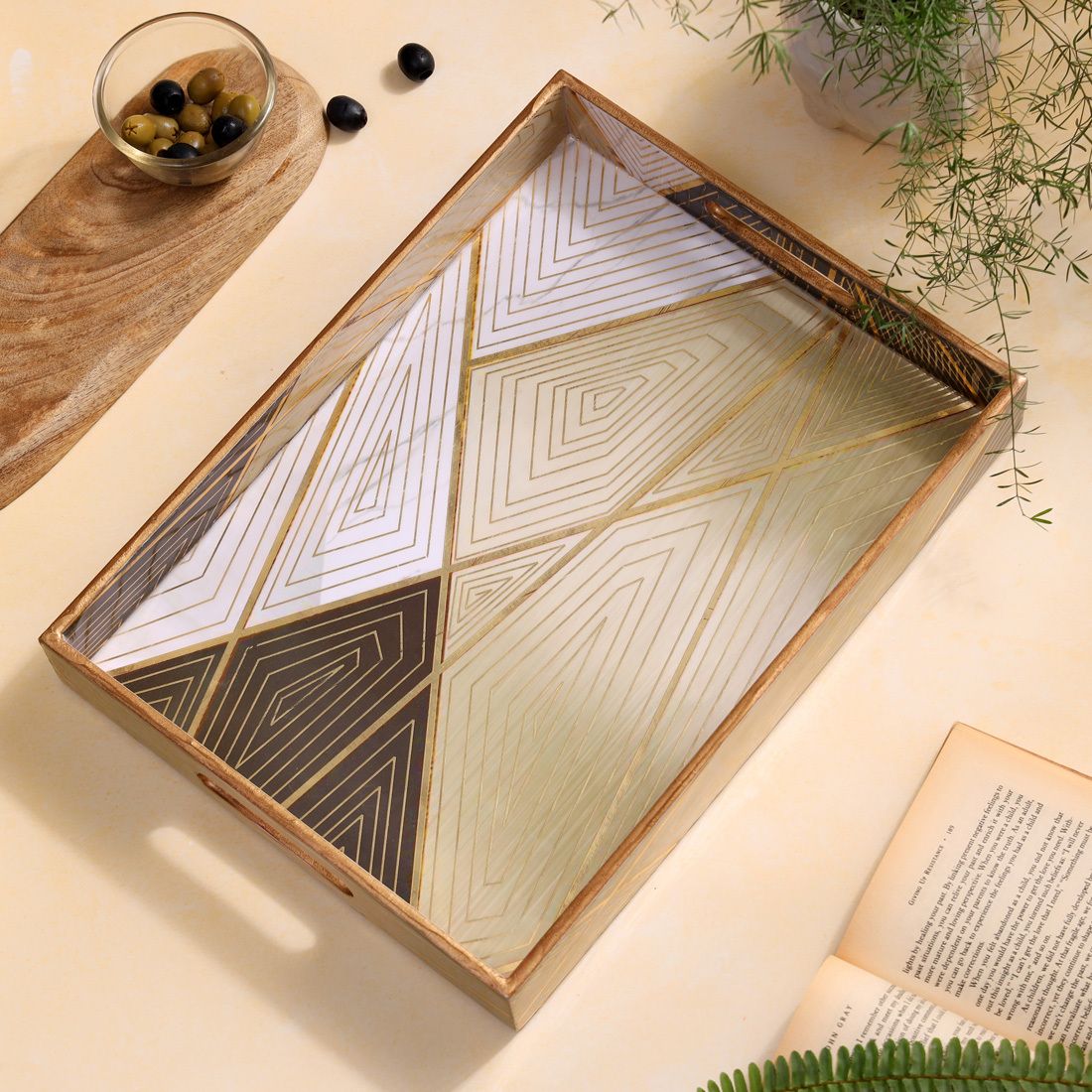 Wooden Rectangle Serving Tray with Enamel Coating Geometric Design 15x11 inches Tray-image-13