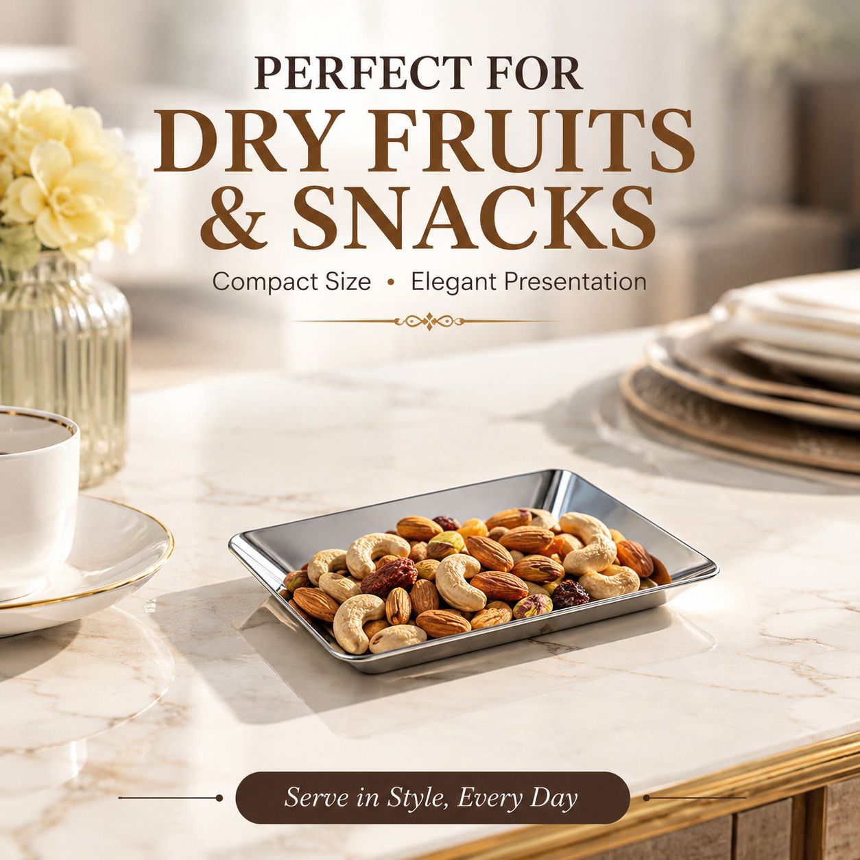 Stainless Steel Small Serving Tray for Snacks, Dry Fruits & Sweets (Silver) Tray Serving Set-image-25