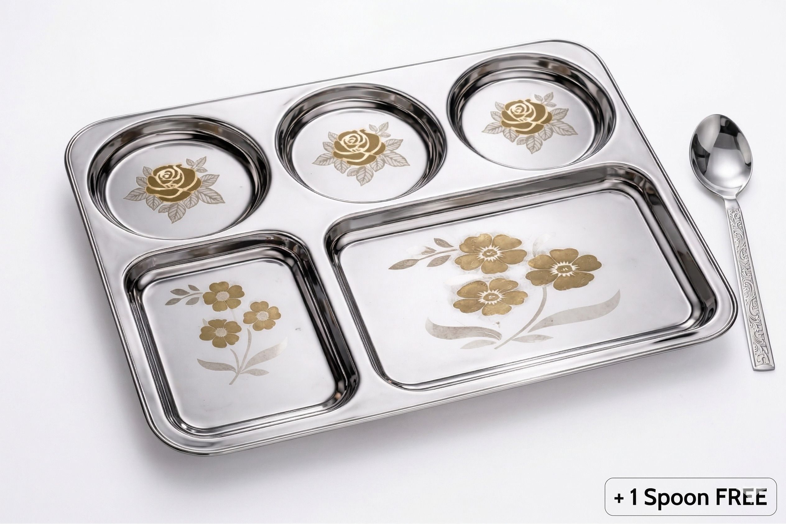 wektu Premium Stainless Steel 5-Compartment Bhojan Thali Set with 1 Engraved Spoon Sectioned Plate-picture-11