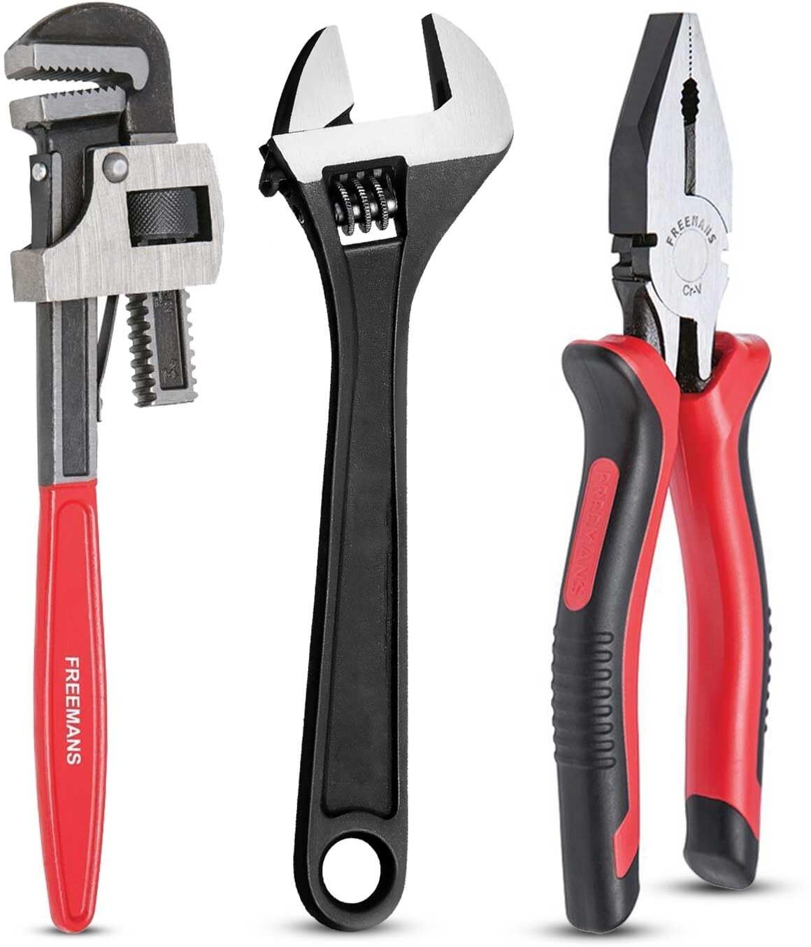 Combo of 8-Inch Adjustable Wrench, 8-Inch Combination Plier, 10-Inch Pipe Wrench Needle Nose Plier