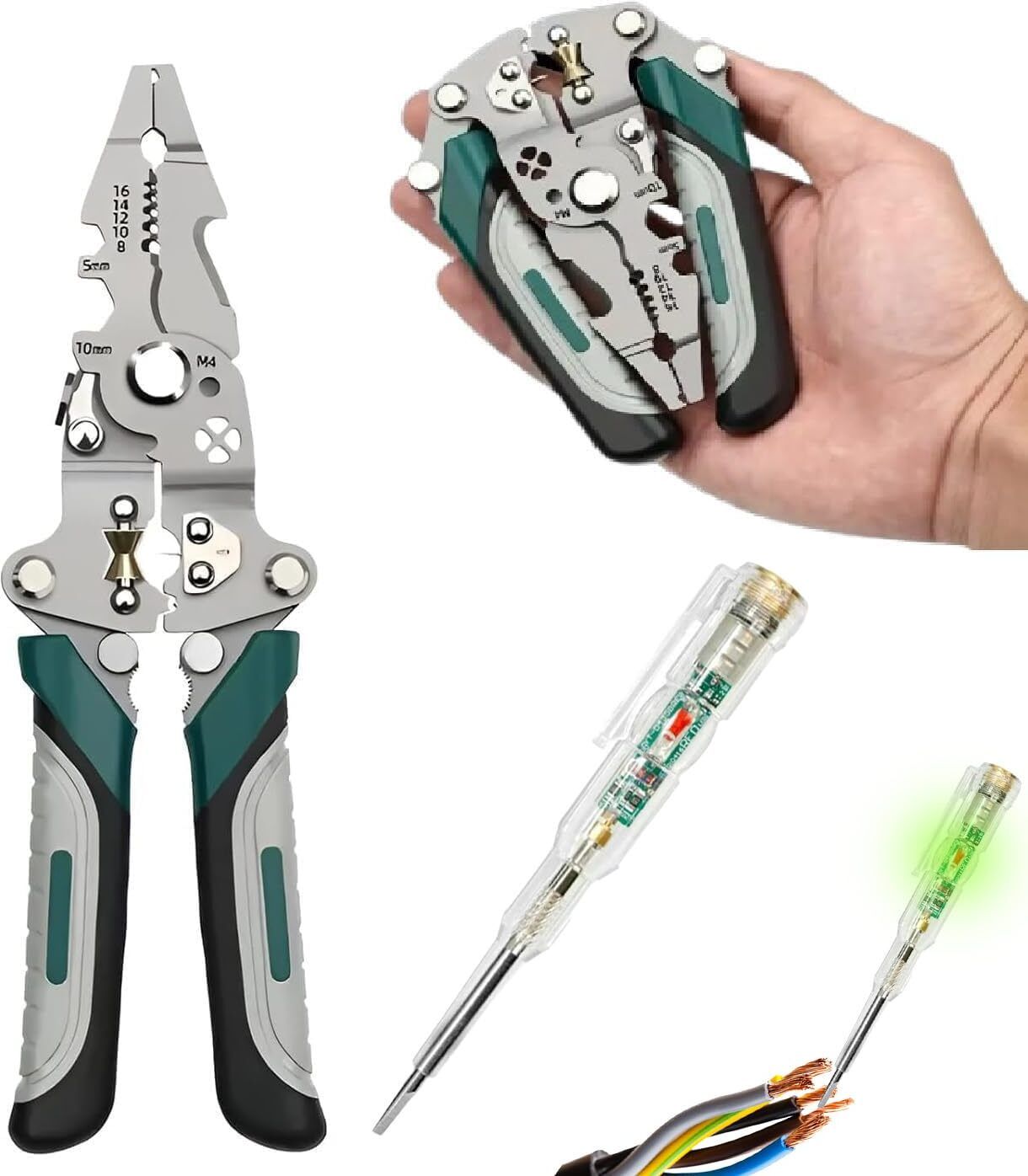 18-in-1 Folding Wire Stripper Tool with Smart Voltage Tester Pen Punch Plier-image-7