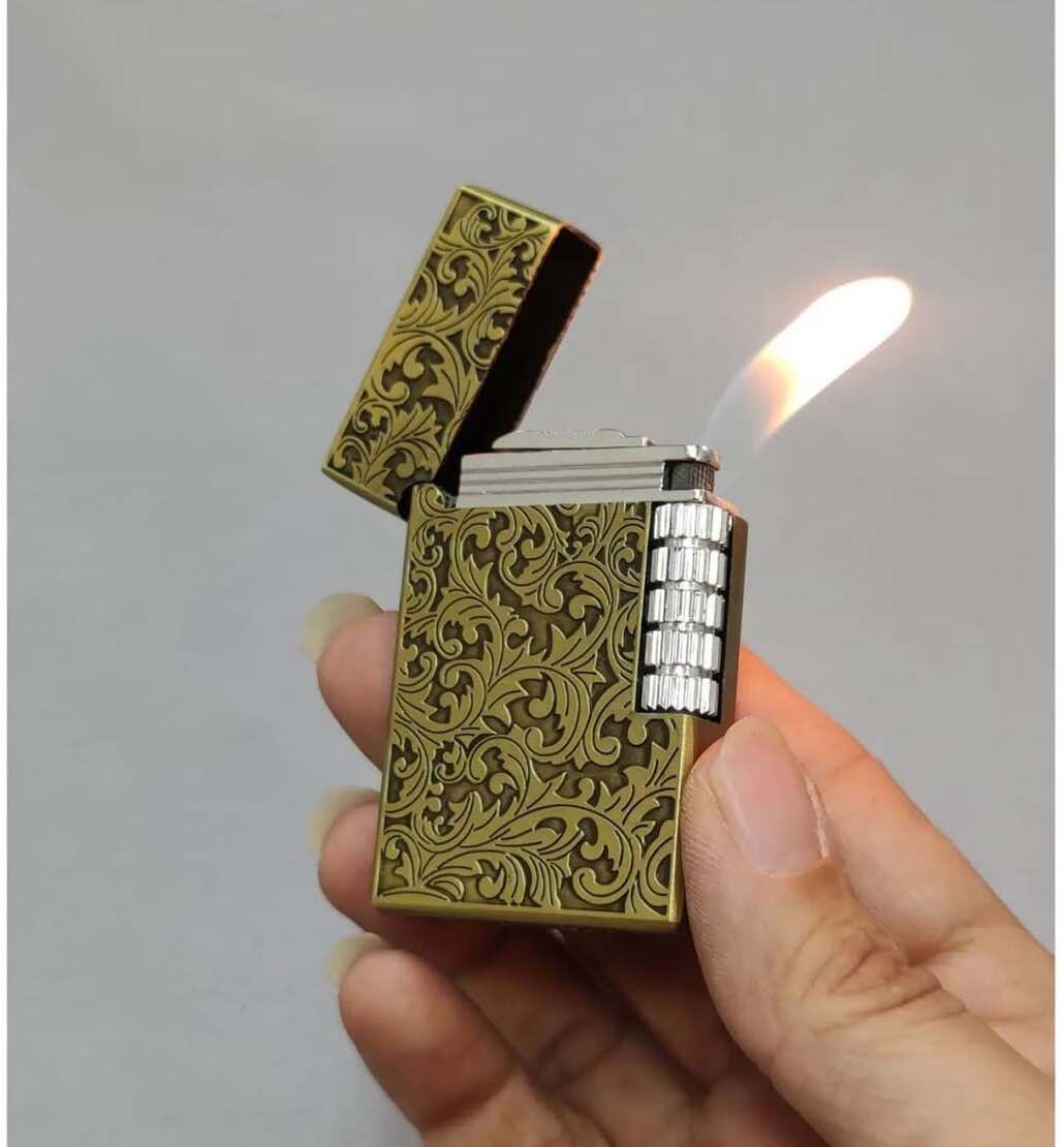 Vintage Royal Scroll Side‑Wheel Butane Cigarette Lighter – Premium Lighter – Refillable Metal Body, Windproof Soft Flame Pocket Lighter