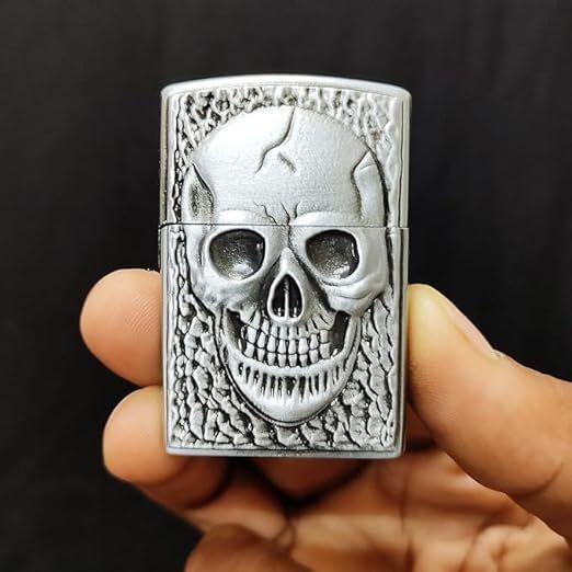 Silver Big Skull Lighter Skull Design Antique Silver Windproof Waterproof Refillable Lighter Pocket Lighter-image-28