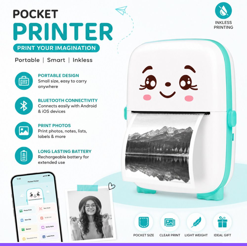 KMI Mini Bluetooth Thermal Printer Inkless Smart Printing for Android & iOS Devices4 Wireless Pocket Printer-image-29