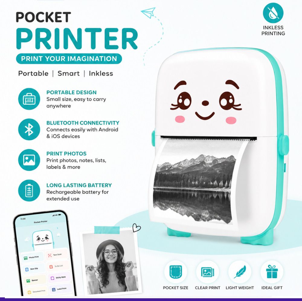 KMI Mini Bluetooth Thermal Printer Inkless Smart Printing for Android & iOS Devices1 Wireless Pocket Printer-image-28
