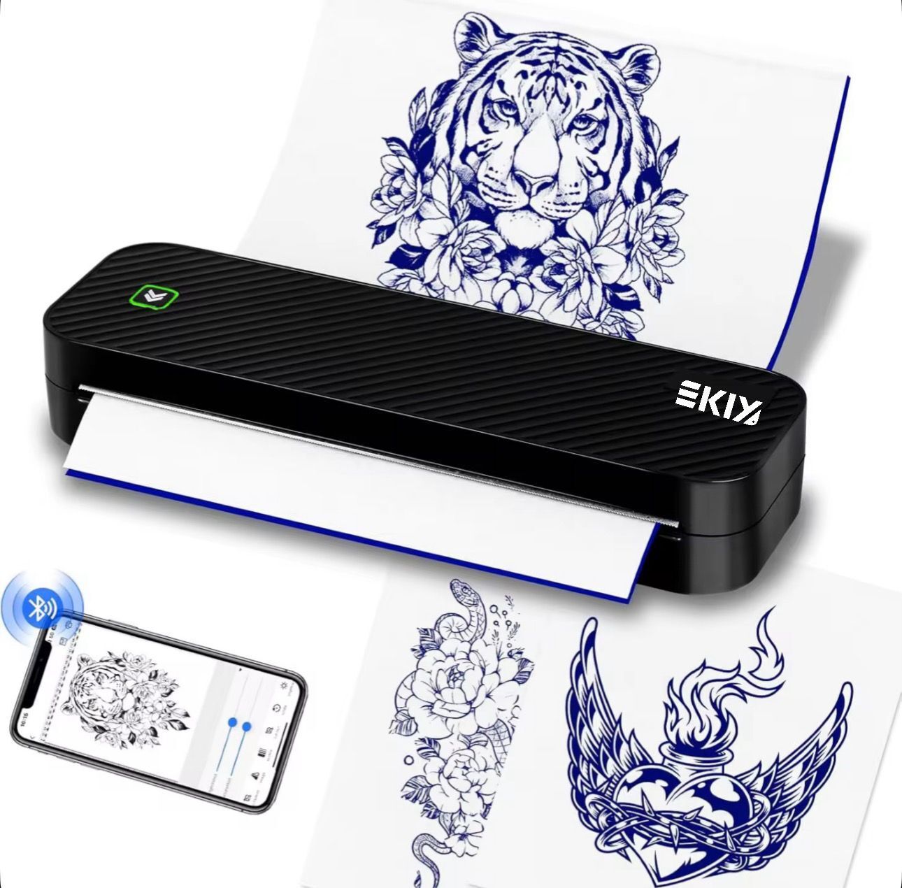 EKIY Latest 2026 Mini Wireless Stencil Tattoo/A4 Portable Inkless Thermal Printer |Android/IOS/PC with Bluetooth/USB Interface|Roll/Foldable Paper Support