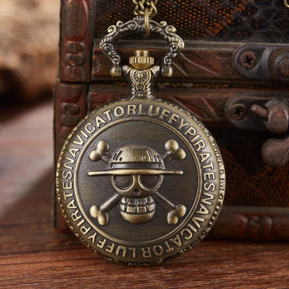 Classic Quirk Antique Gandhi Style Premium Vintage Anime One Piece Theme Straw Hat Pairets Embossing Key chain with Key Ring Car, Bike for Men & Woman Best Gift Bronze Metal Pocket Watch Chain-image-41