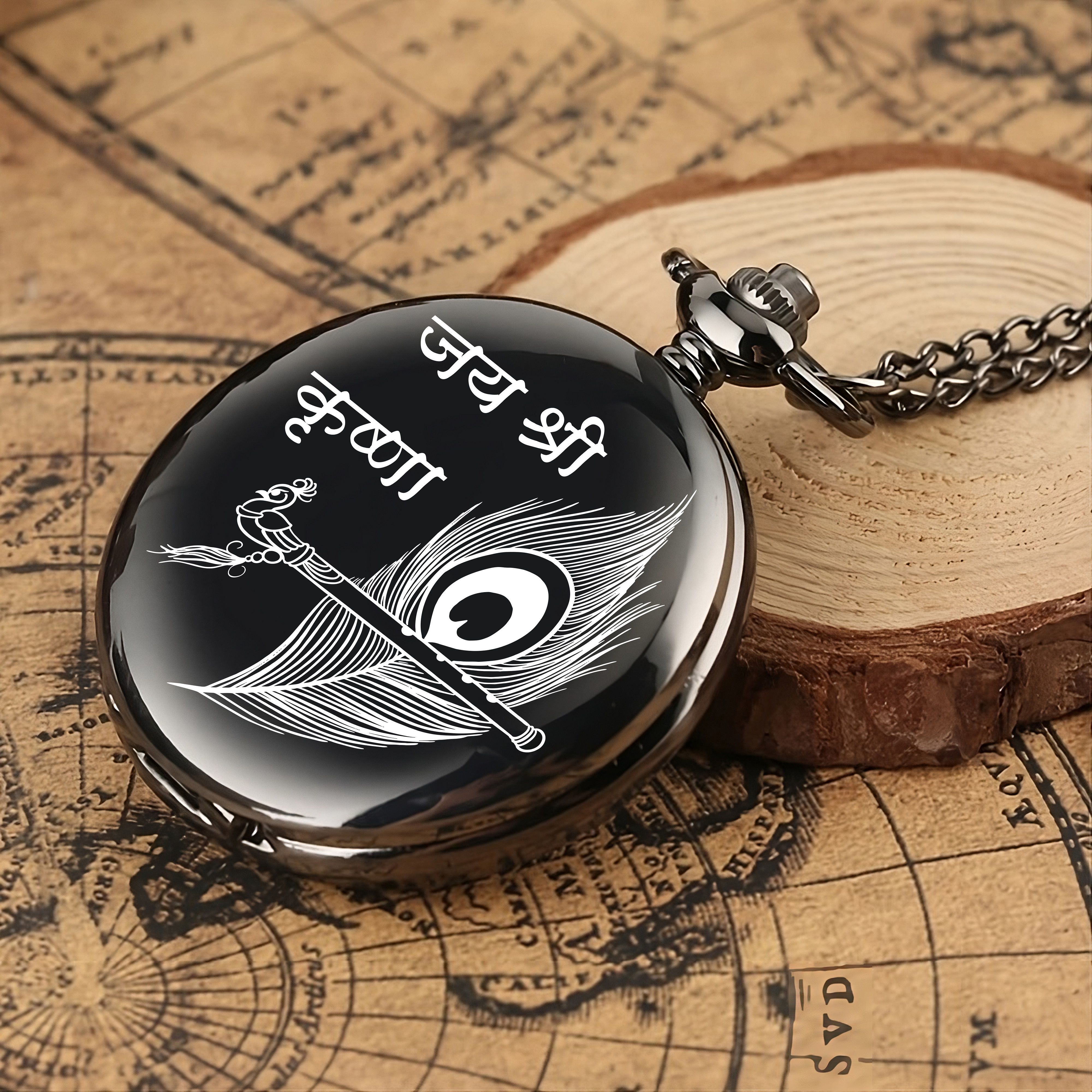 Tiny Tim Royal Black Gandhi Style Premium Gift Hindu Theme Jai Shree Krishna Engraved Car Bike Home Key Chain & Key Ring Best Gift for Men & Women Special Occasions Bronze Metal Pocket Watch Chain-picture-46