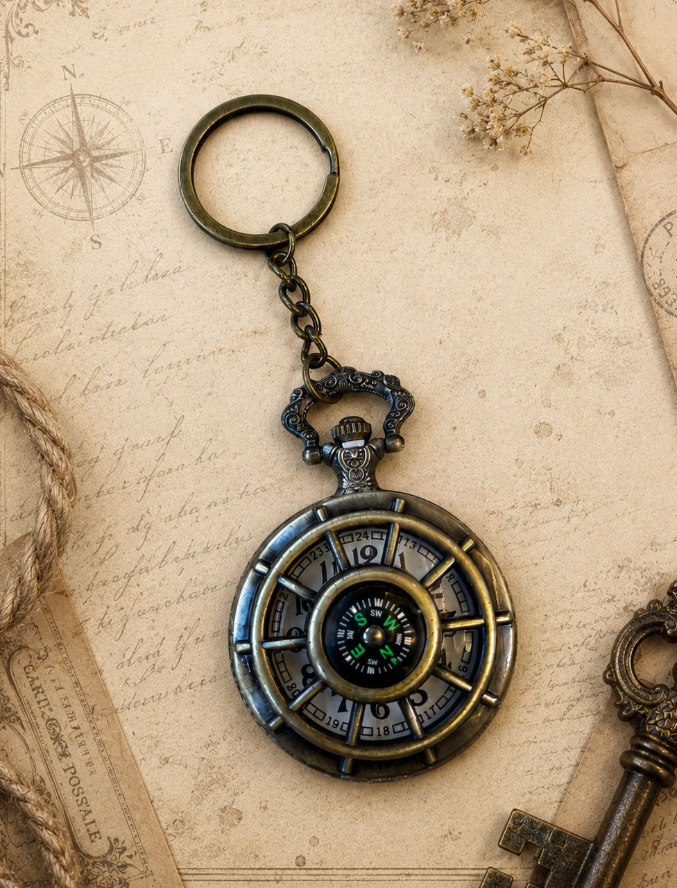 Faraports Vintage Shipwheel with Compass Pocket Watch cumKey Chain FP41 Bronze Steel Pocket Watch Chain-image-1