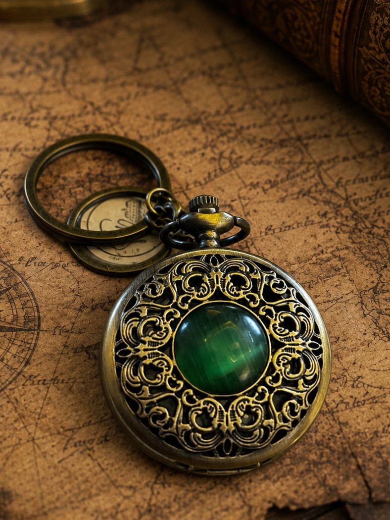 Faraports Vintage Green Crystal Pocket Watch cum Key Chain FP040 Brass Steel Pocket Watch Chain-image-19