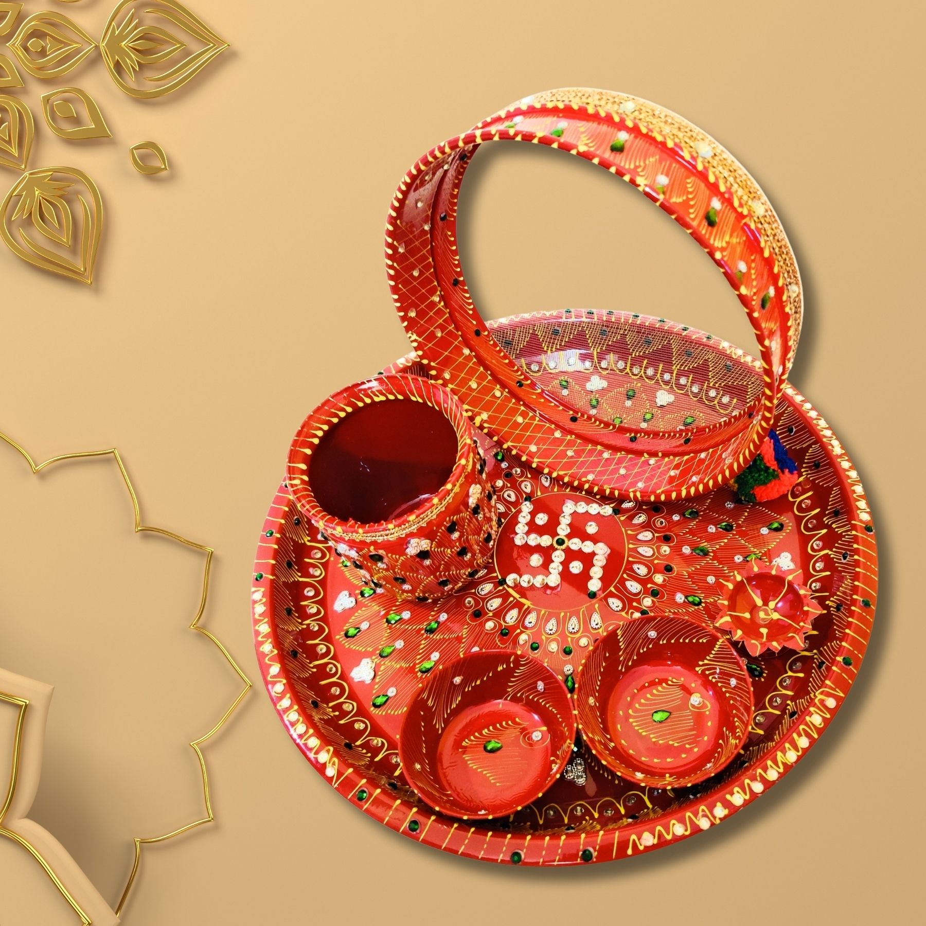 baisa Steel Karwa Chauth Thali set 6 Piece Decorative Pooja Thali Set (Thali Size 10") Silver-picture-47