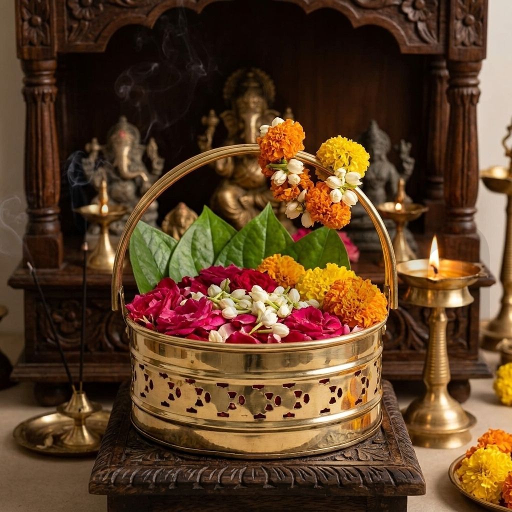 oxon Brass Pooja Basket with Handle | Decorative Pooja Thali Brass, Gold-picture-41