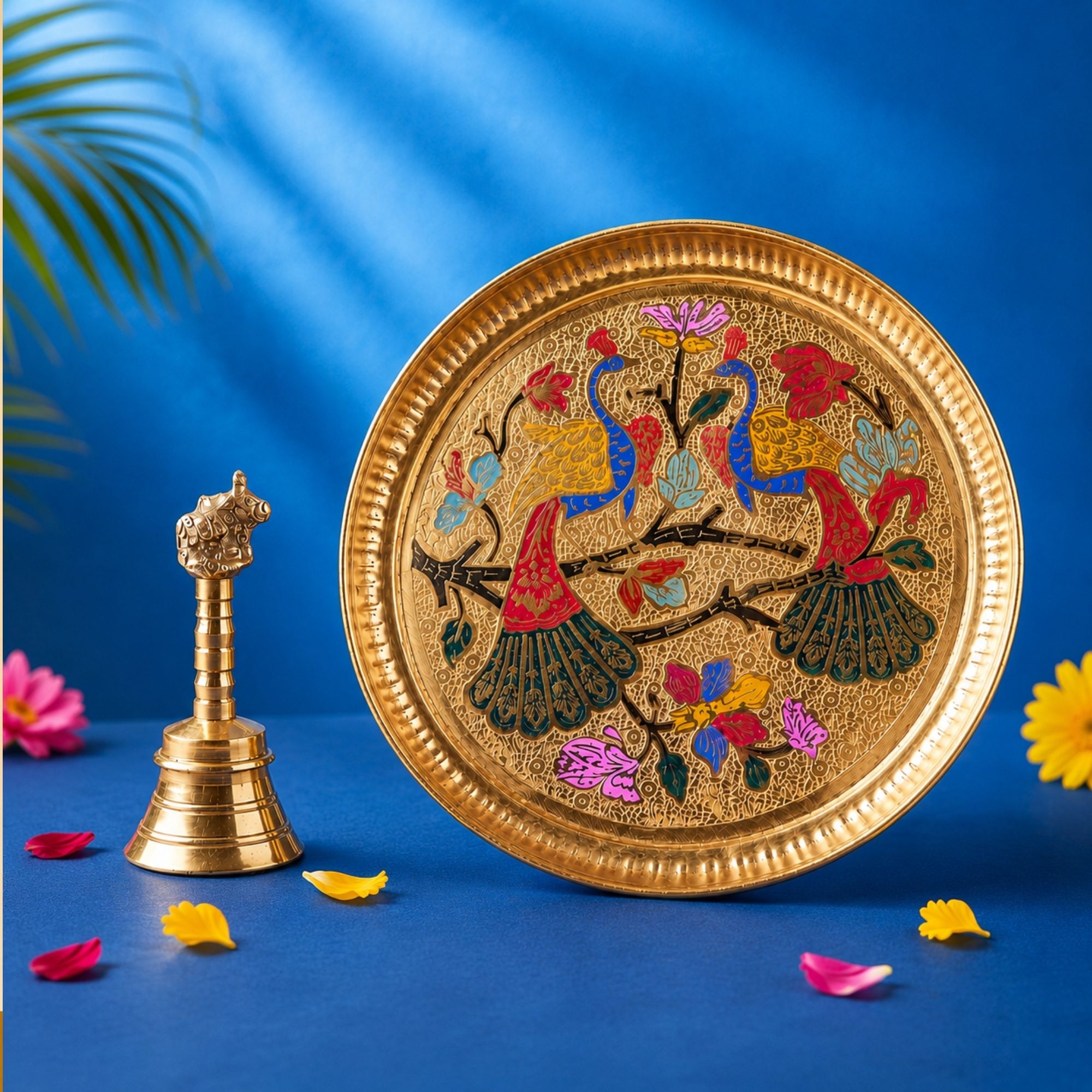 hinduportal Brass Meenakari Pooja Thali with Nandi Bell for Aarti & Rituals Brass, Gold-picture-36