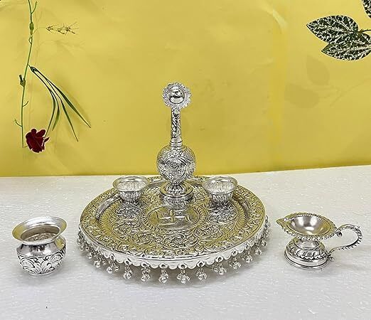 shree kaila mai traders German Silver Heavy Pooja Thali with Water Rose Sprinkle for Temple,Decorative Silver-picture-27