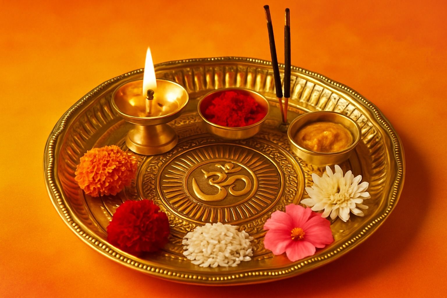Brass Puja Thali with Om | 7 Inch Traditional Pooja Plate Copper, Brass, Gold-image-6