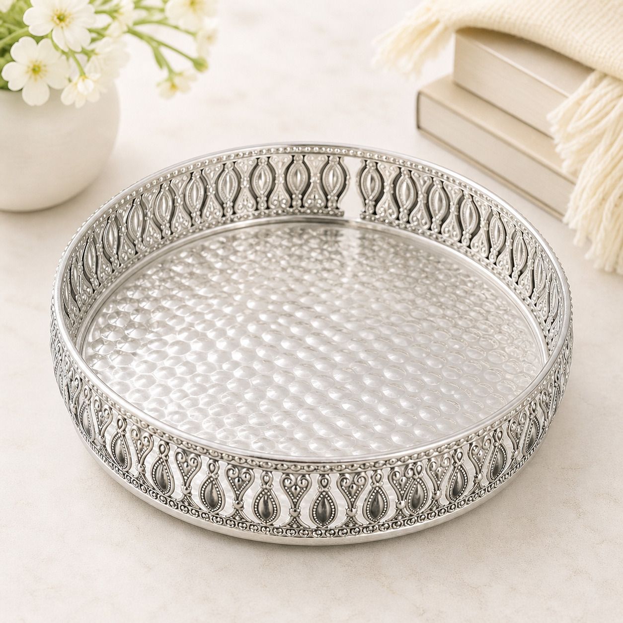 Silver Round Metal Tray Filigree Jali Hammered Pooja Décor Gift | pack of 1 Silver-image-15