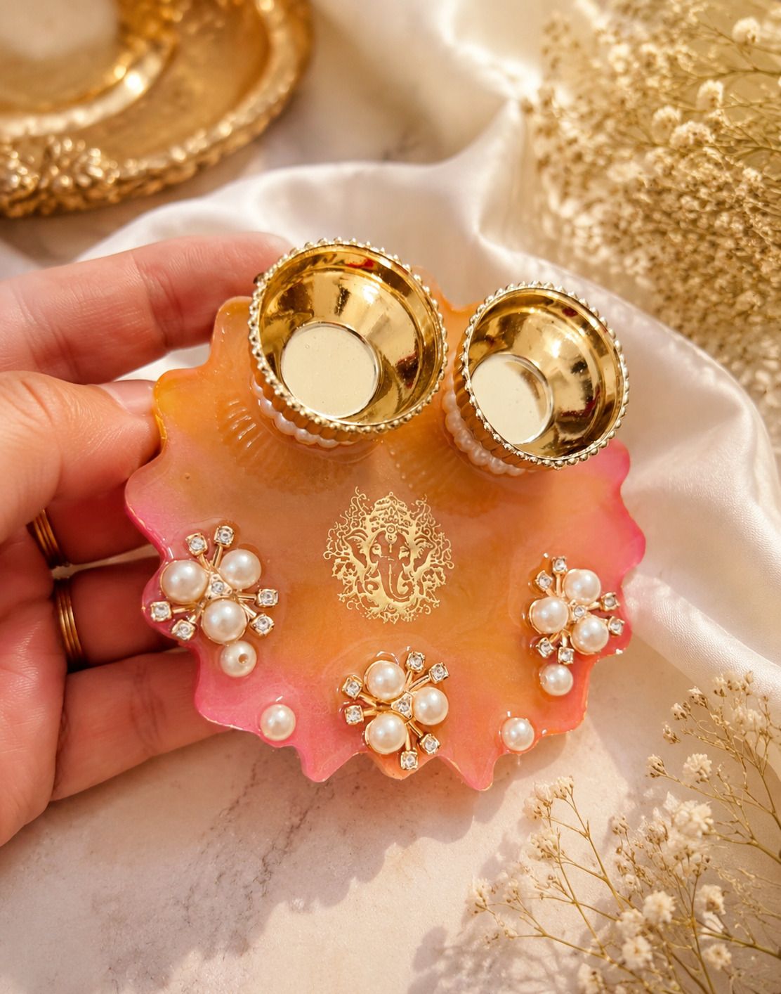 craftaura studios 4 inches pooja thali pink and yellow Polyresin-picture-16