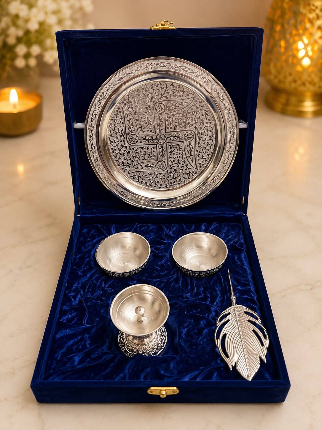 Silver Puja Thali for Diwali Pooja, Rakhi Celebration Home Temple Silver-image-13