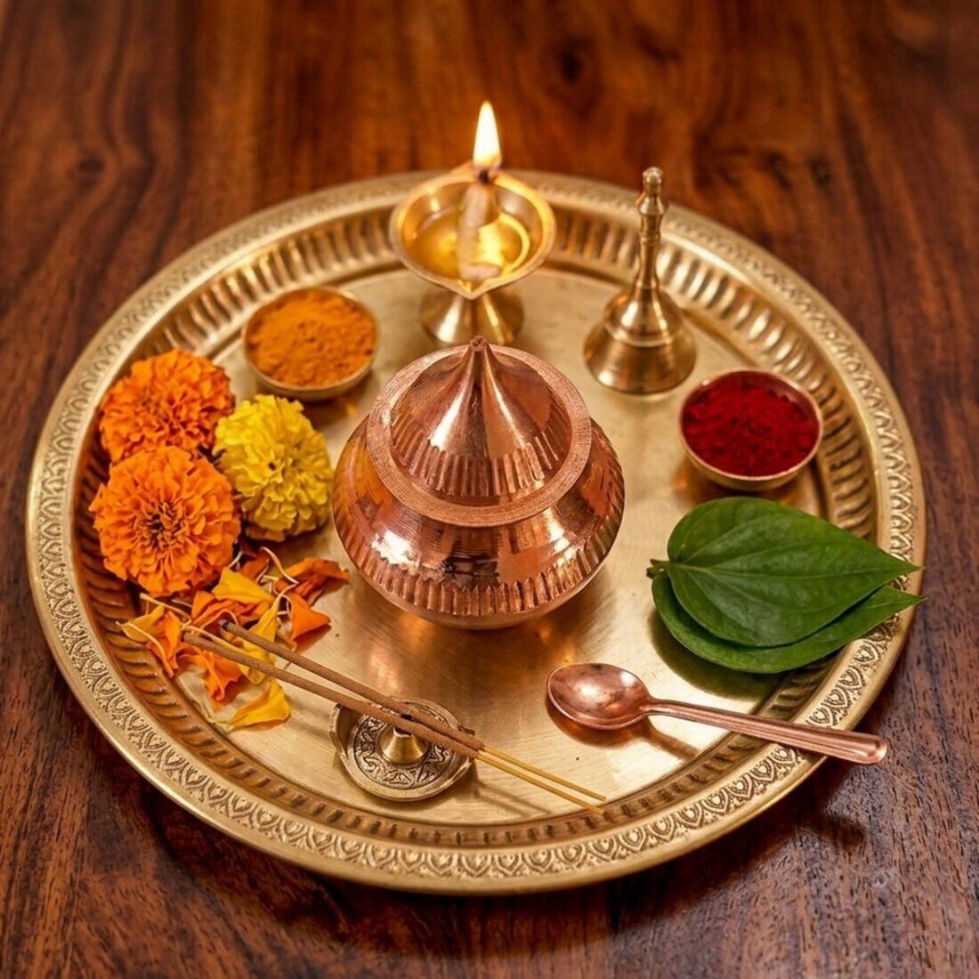 hoiva Traditional Metal Kumkum box for Pooja Thali- Brass, Gold-picture-18