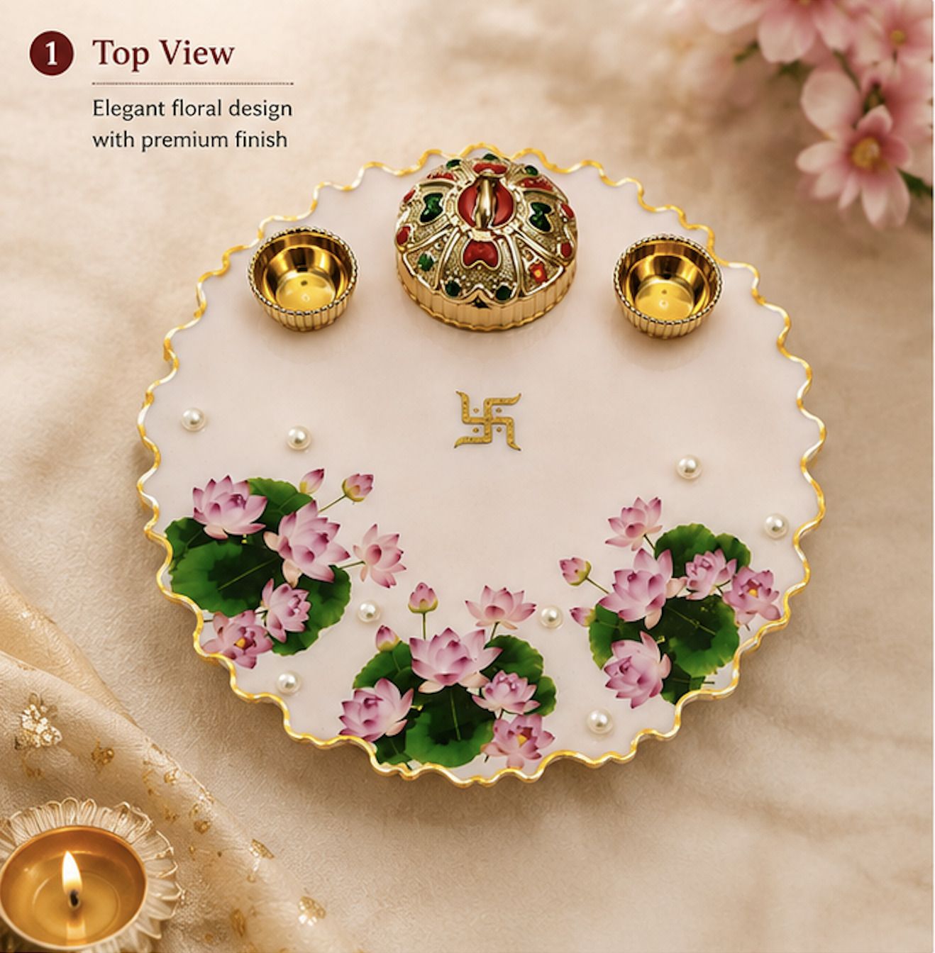 Beautiful Resin Pooja Thali With Lotus Design For Festive Worship Polyresin-image-6