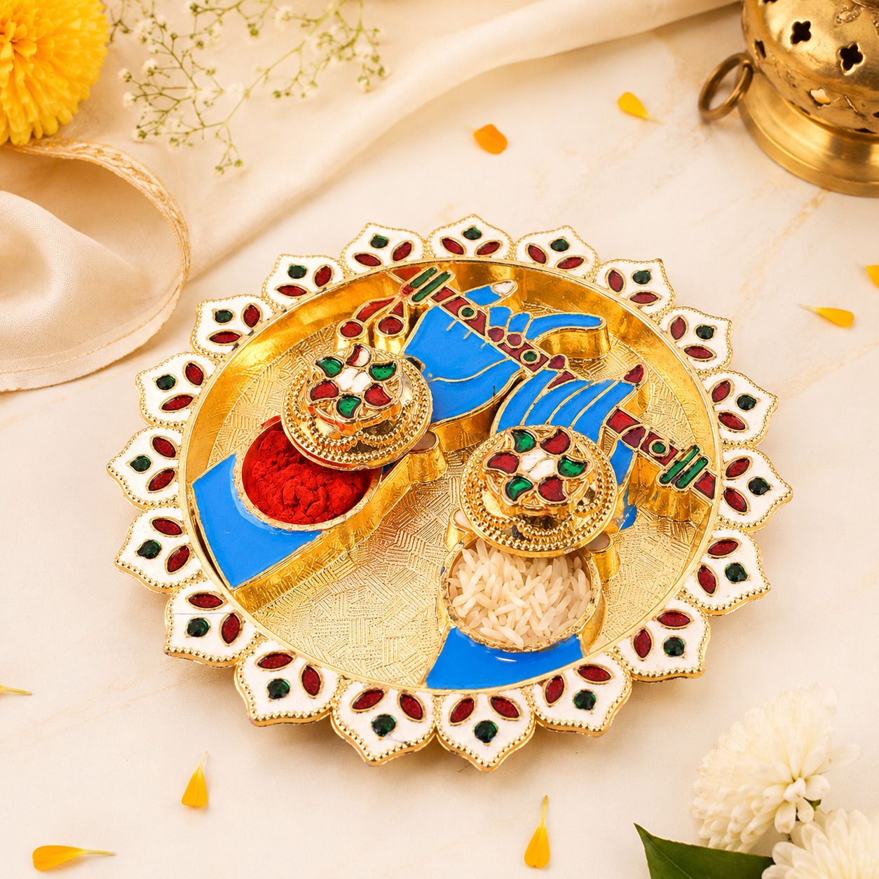 sethi enterprise Decorative Roli Chawal Pooja Thali for Raksha Bandhan Bhai Dooj, Diwali & Pooja Brass, Gold-picture-12