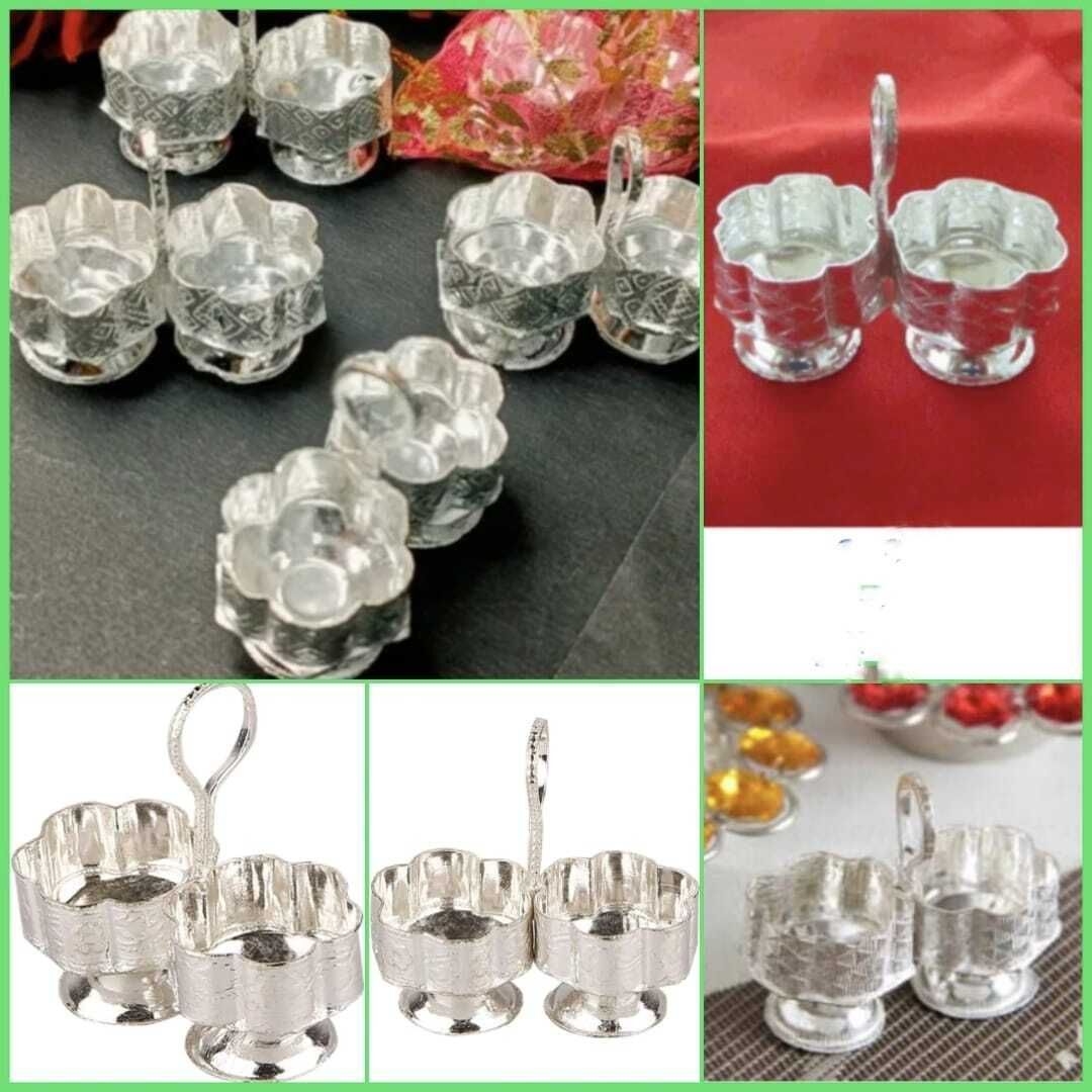 oshd Silver Plated Roli-Chawal-Akshat-Haldi-Kumkum-Sindoor Dani Cup Set Gift/Pooja Silver-picture-41