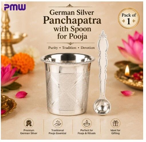 pmw German Silver Panchapatra with Spoon | Traditional Pooja Cup Set Silver-picture-9
