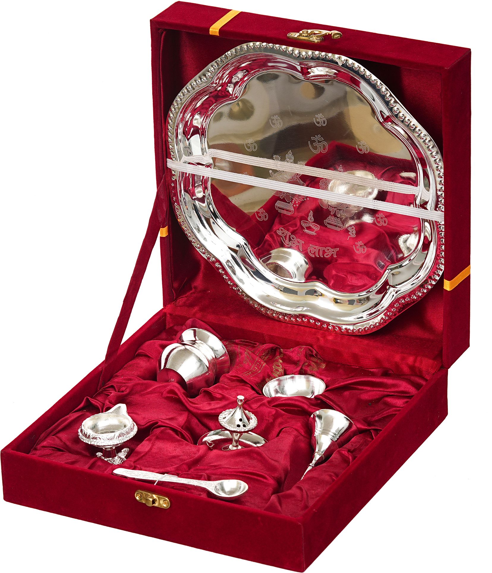 zencrafts Silver Plated Pooja Thali Set with Red Velvet Gift Box |7 Pieces Pooja Thali Silver-picture-14