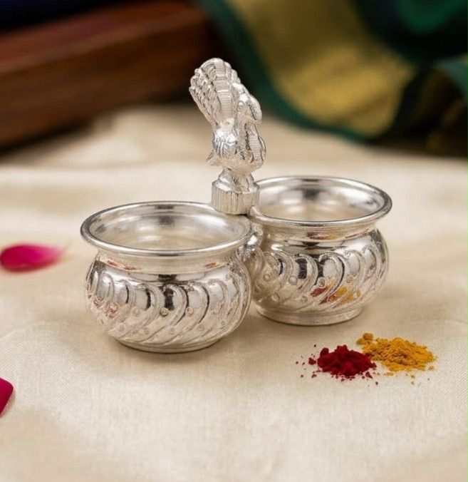 Dhanalaxmi German Silver 2 Cup Panchwala Chowpali Kumkum Holder Brass, Silver Plated, Silver-image-33