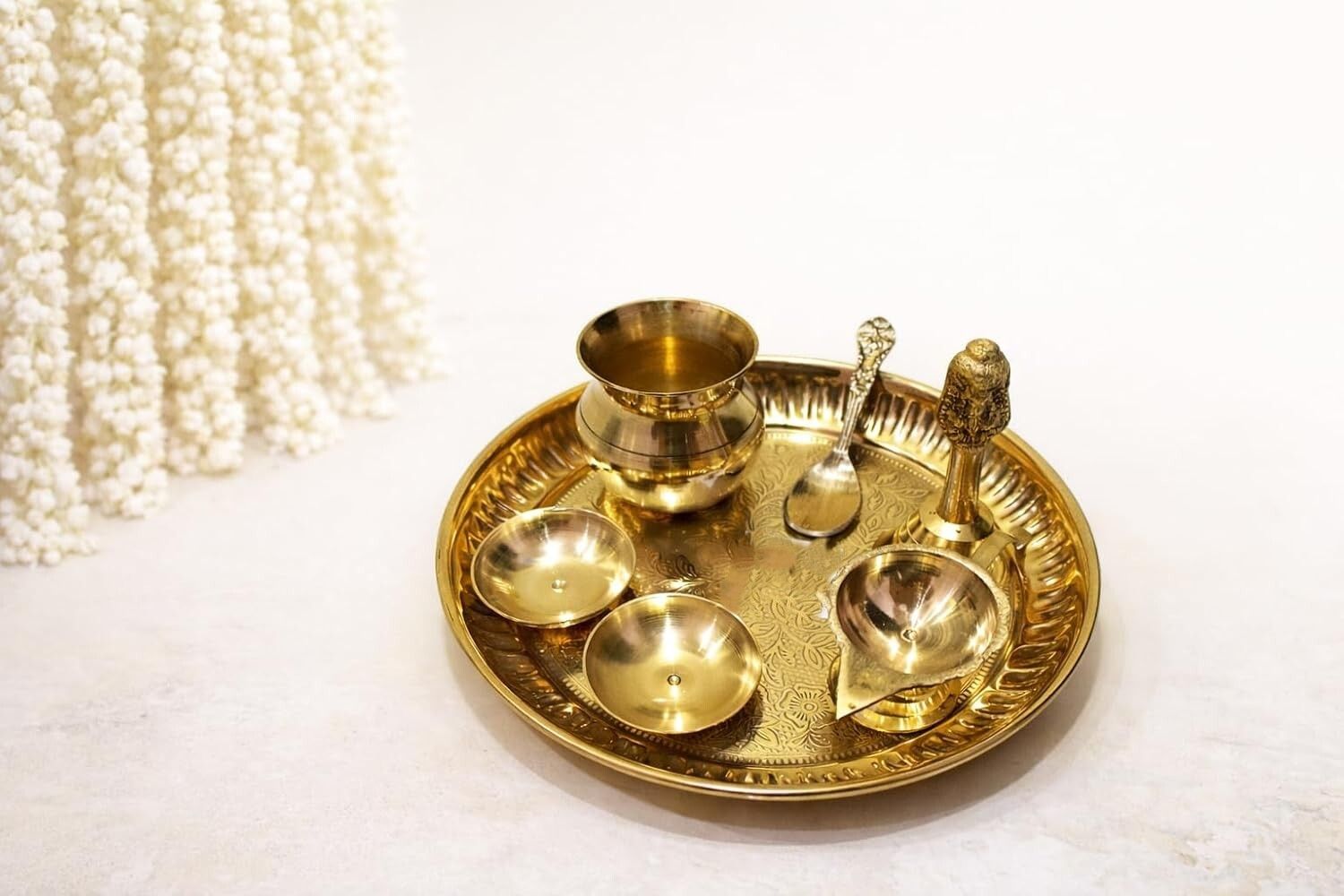 nainagupta Traditional Brass Pooja Thali Set with Diya, Bell & Kalash for Daily Worship Brass, Gold-picture-31