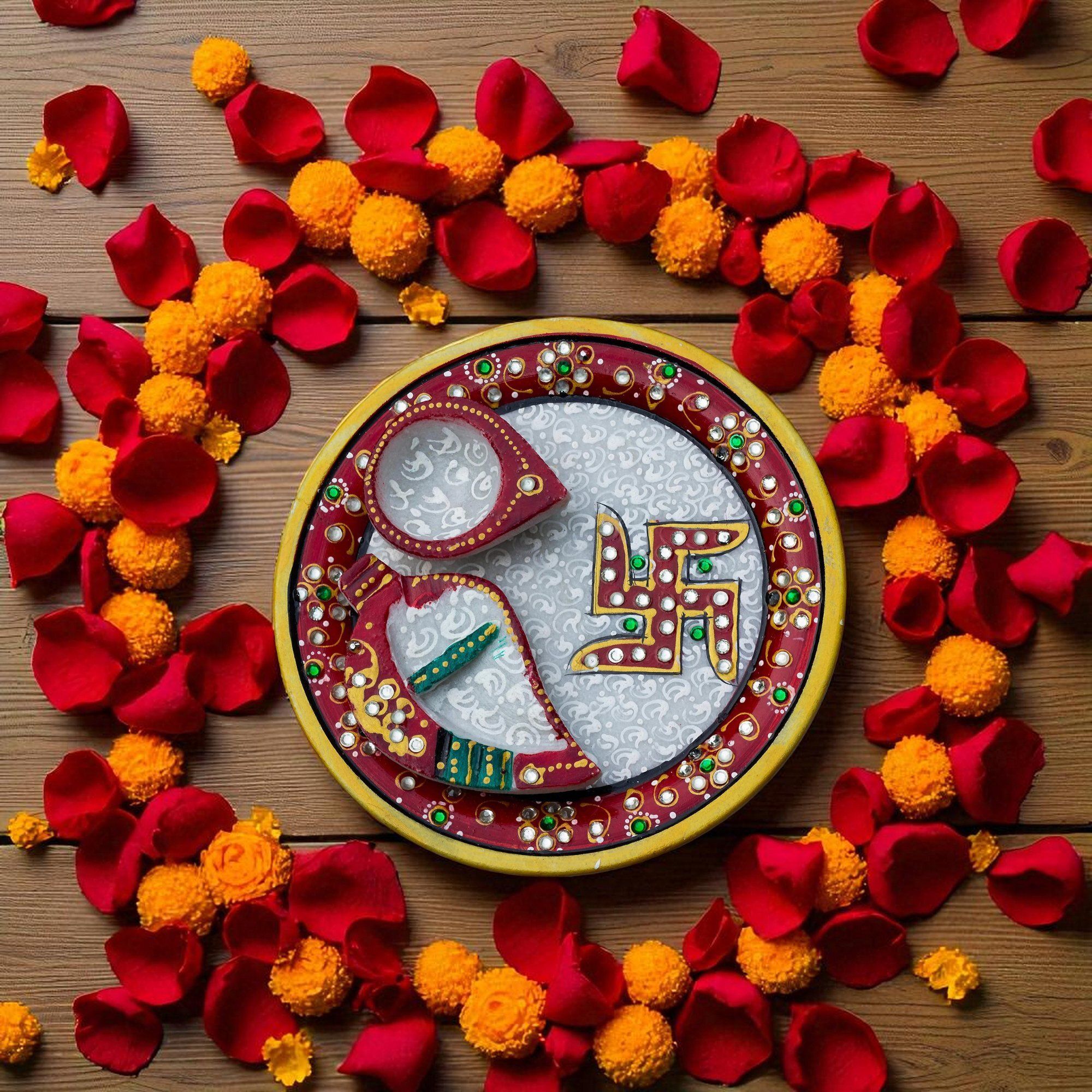 Marble Pooja Thali with Meenakari Work – 6 Inch Decorative Thali Marble-image-27