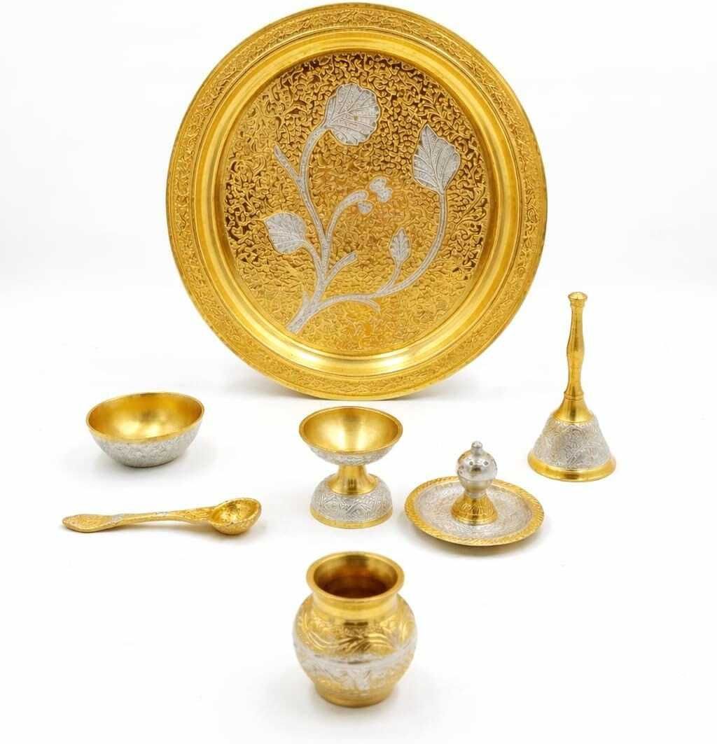 Pooja Thali Set of 7Pcs Aluminium, Silver-image-20