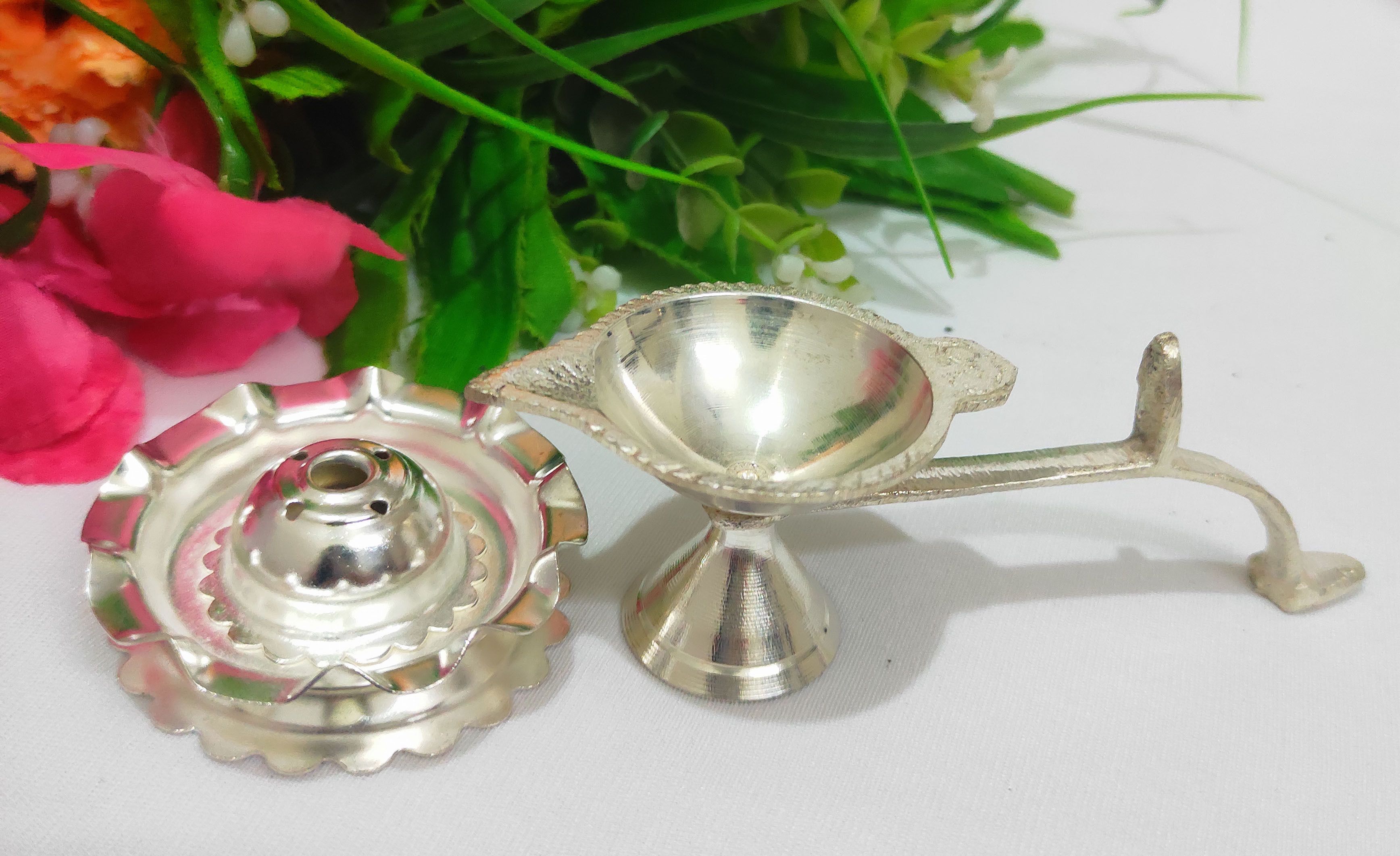 Samukkaras Pure German Silver Arathi and Incense Stick Holder Set for Pooja Silver