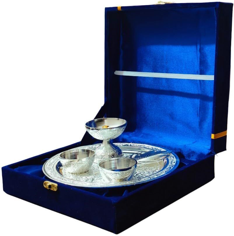 suhail idrees handicrafts Thali Set with Velvet Box Decorative Thali with Roli, Kumkum, Diya & Bowls Silver-picture-25